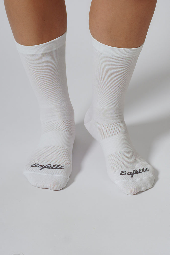 Safetti Classic Cycling Socks White On Feet Front